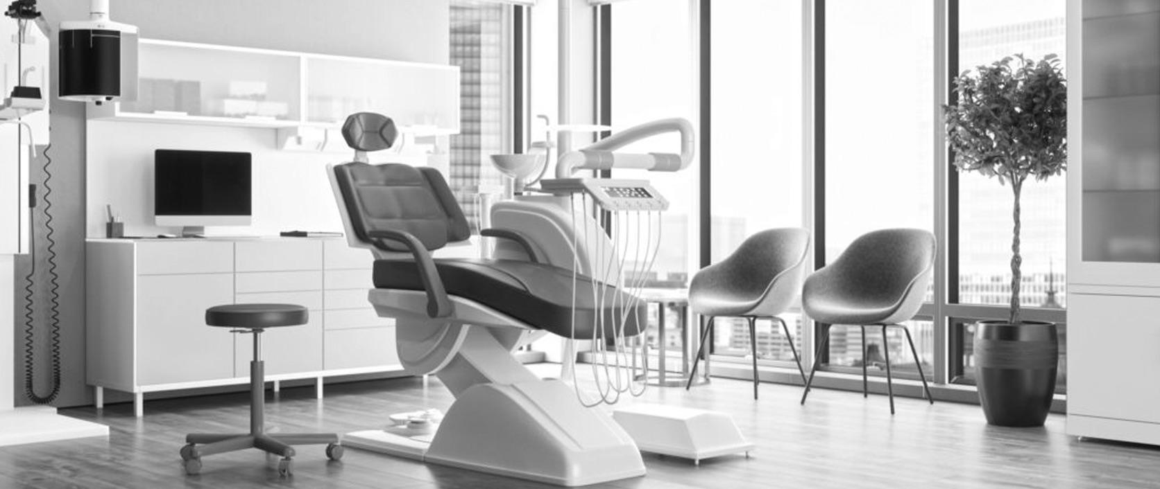 A modern dental treatment room with a city view, built for a calm, comfortable patient experience