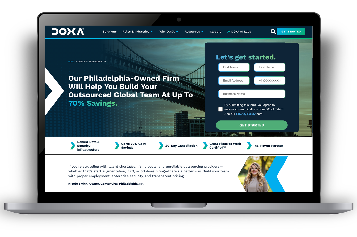 A DOXA Talent franchise location microsite for the Center City Philadelphia office, shown on a laptop screen