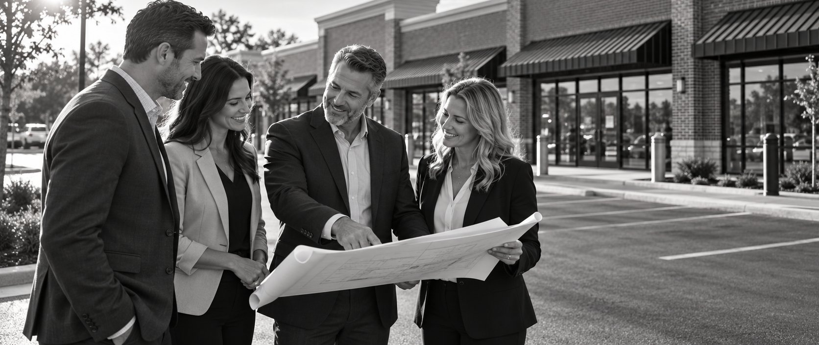 A franchise development team reviews site plans outside a multi-tenant retail building