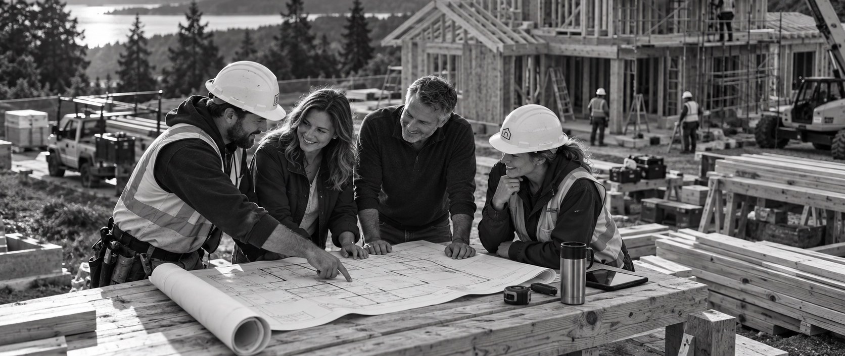 A contractor reviews blueprints with a homeowner and crew at a custom home framing site overlooking a lake