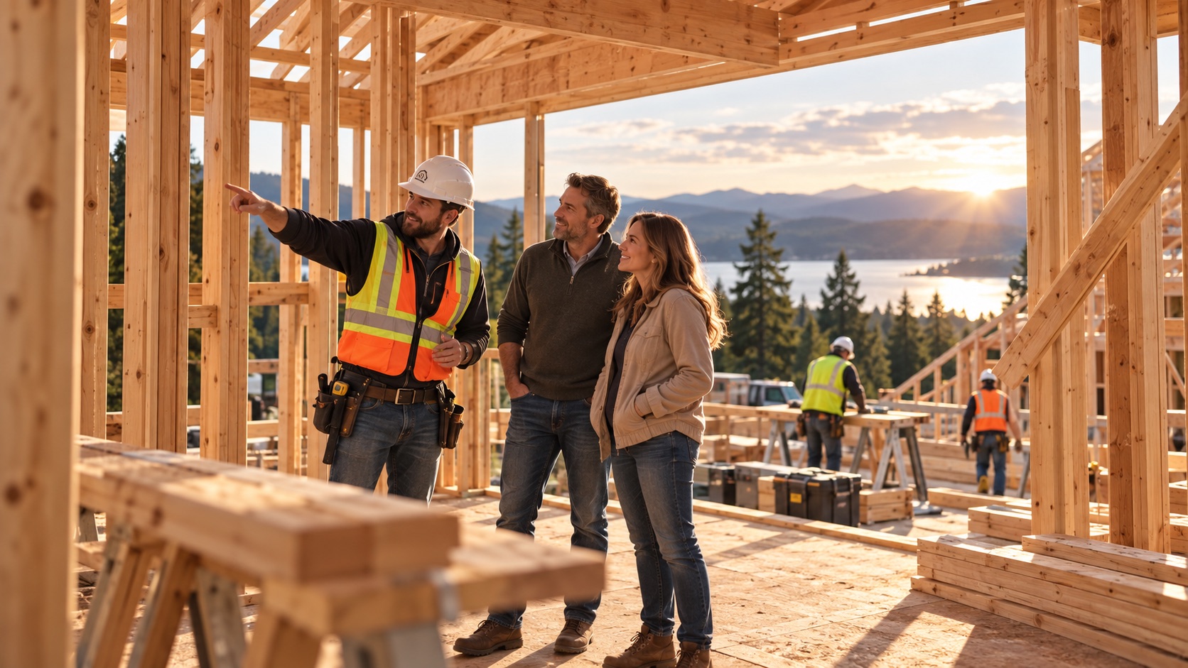 A contractor points out project details to homeowners inside a framed custom home overlooking a lake
