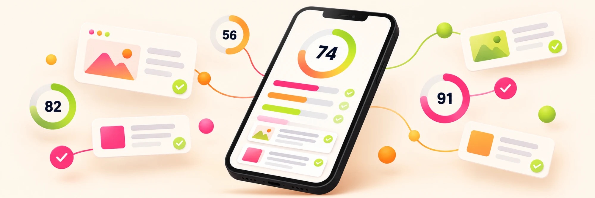 Mobile phone screen showing an AI visibility score of 74 out of 100, surrounded by category score rings and content cards.