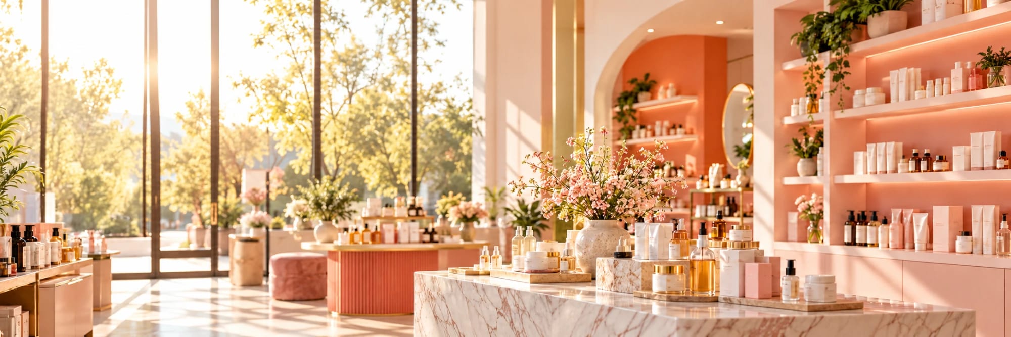 A bright specialty retail boutique with coral shelves of skincare products, a marble display table and spring flowers in warm sunlight.