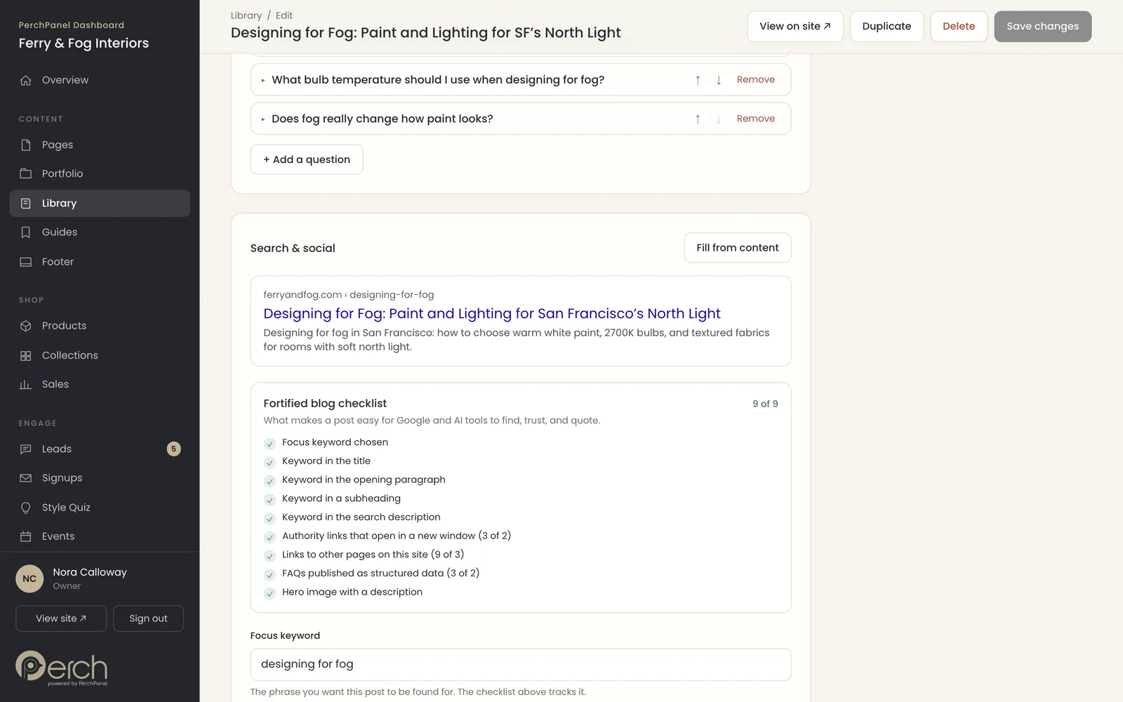 The PerchPanel blog editor with a fortified blog checklist showing nine of nine checks complete and a search result preview.