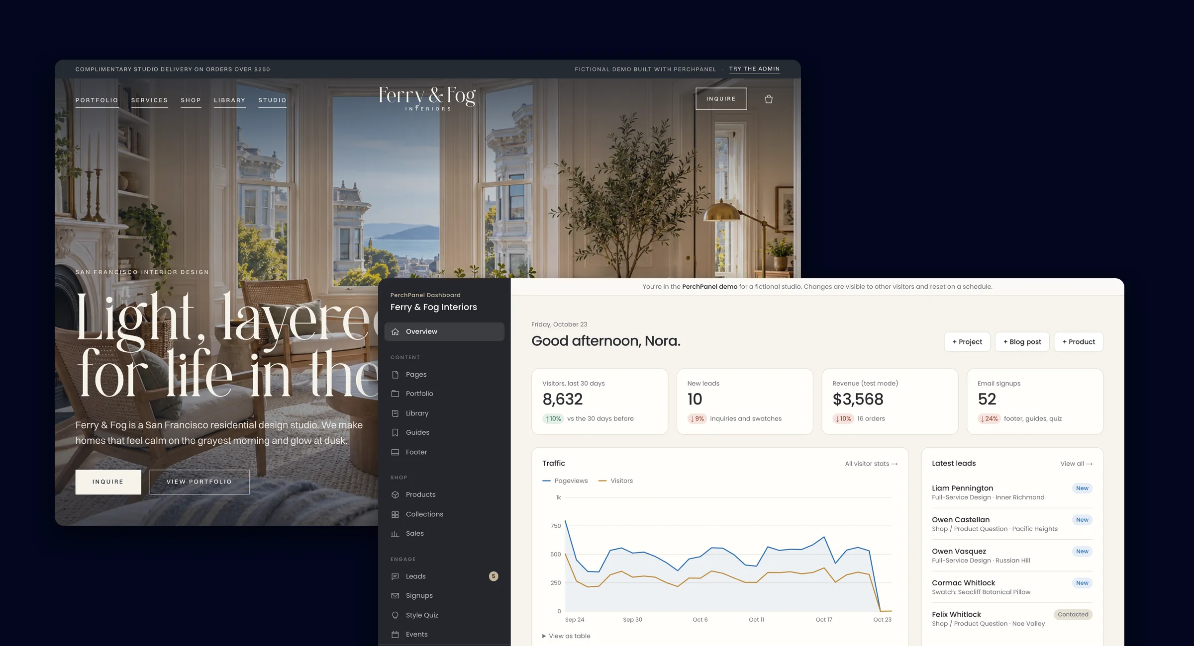 The Ferry & Fog Interiors website in front of the PerchPanel dashboard that edits it.