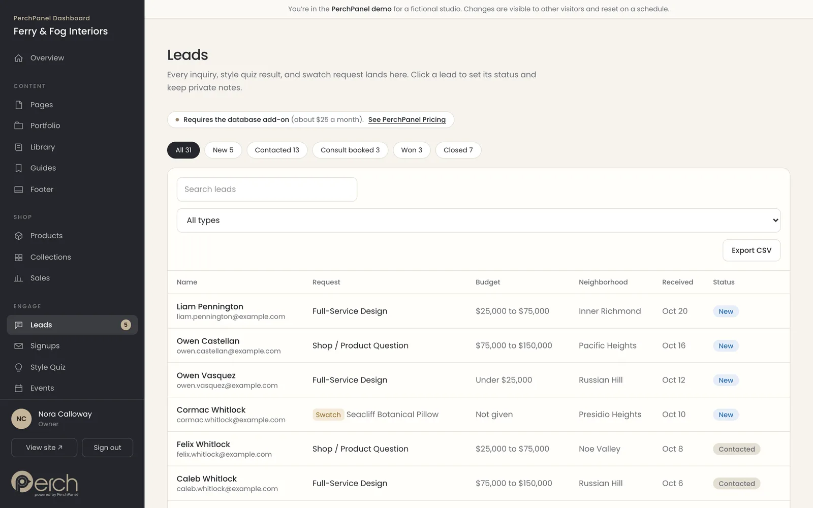 The PerchPanel leads inbox listing inquiries with status, project type and neighborhood.