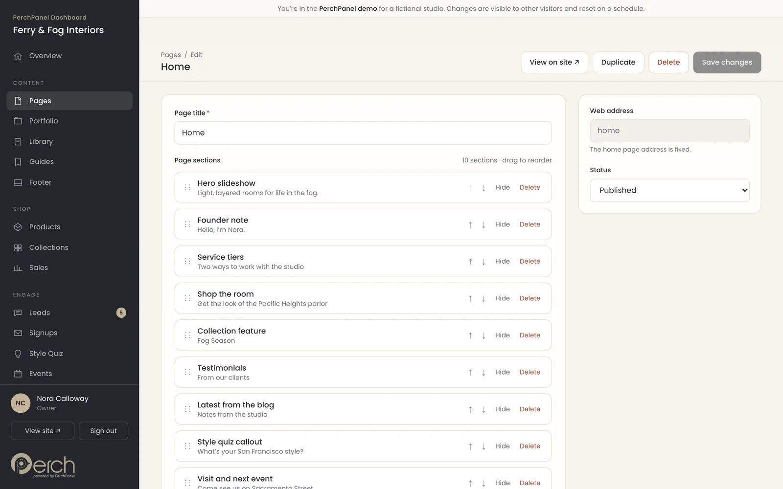 The PerchPanel page editor showing the home page as a list of draggable sections, with a search preview panel.