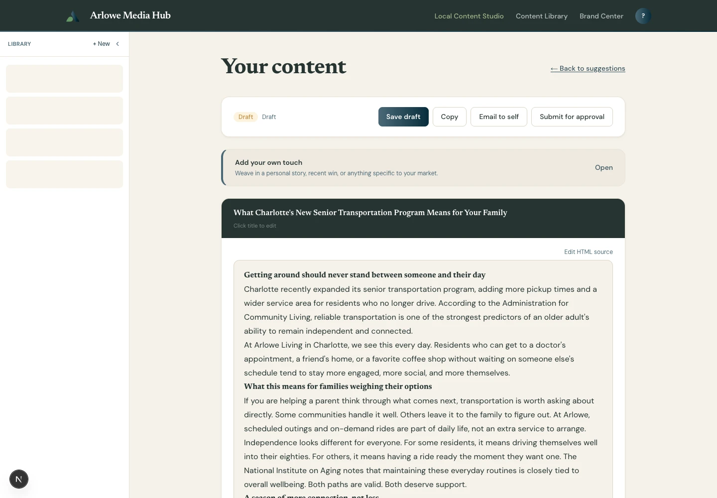 Generated blog post draft in the Arlowe voice, with headings, body copy and cited sources.