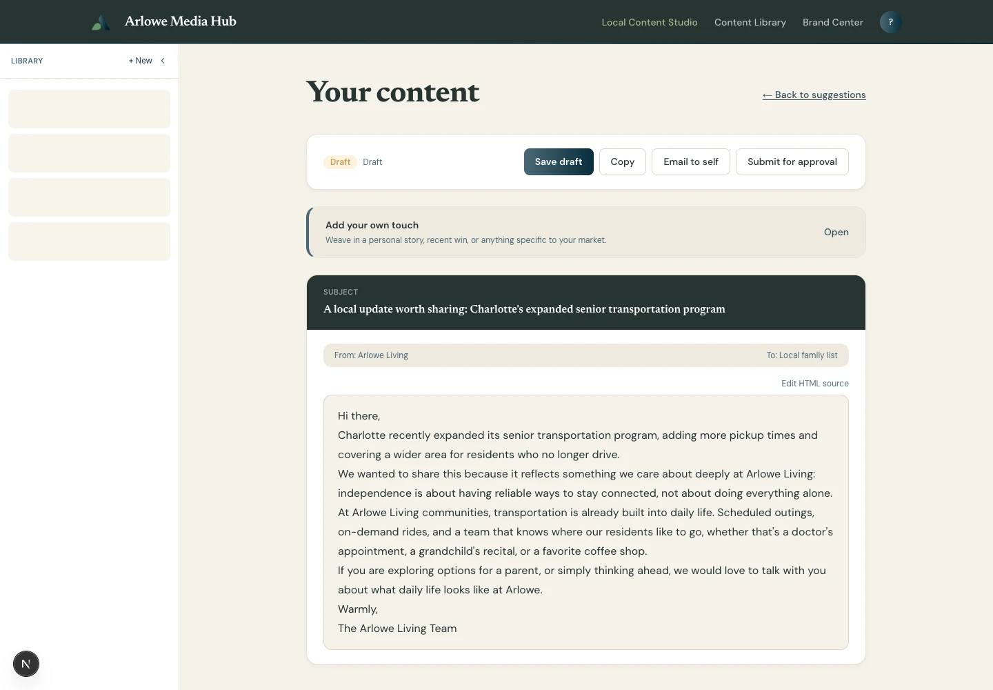 Generated email draft in the Arlowe voice, with a subject line and styled body.