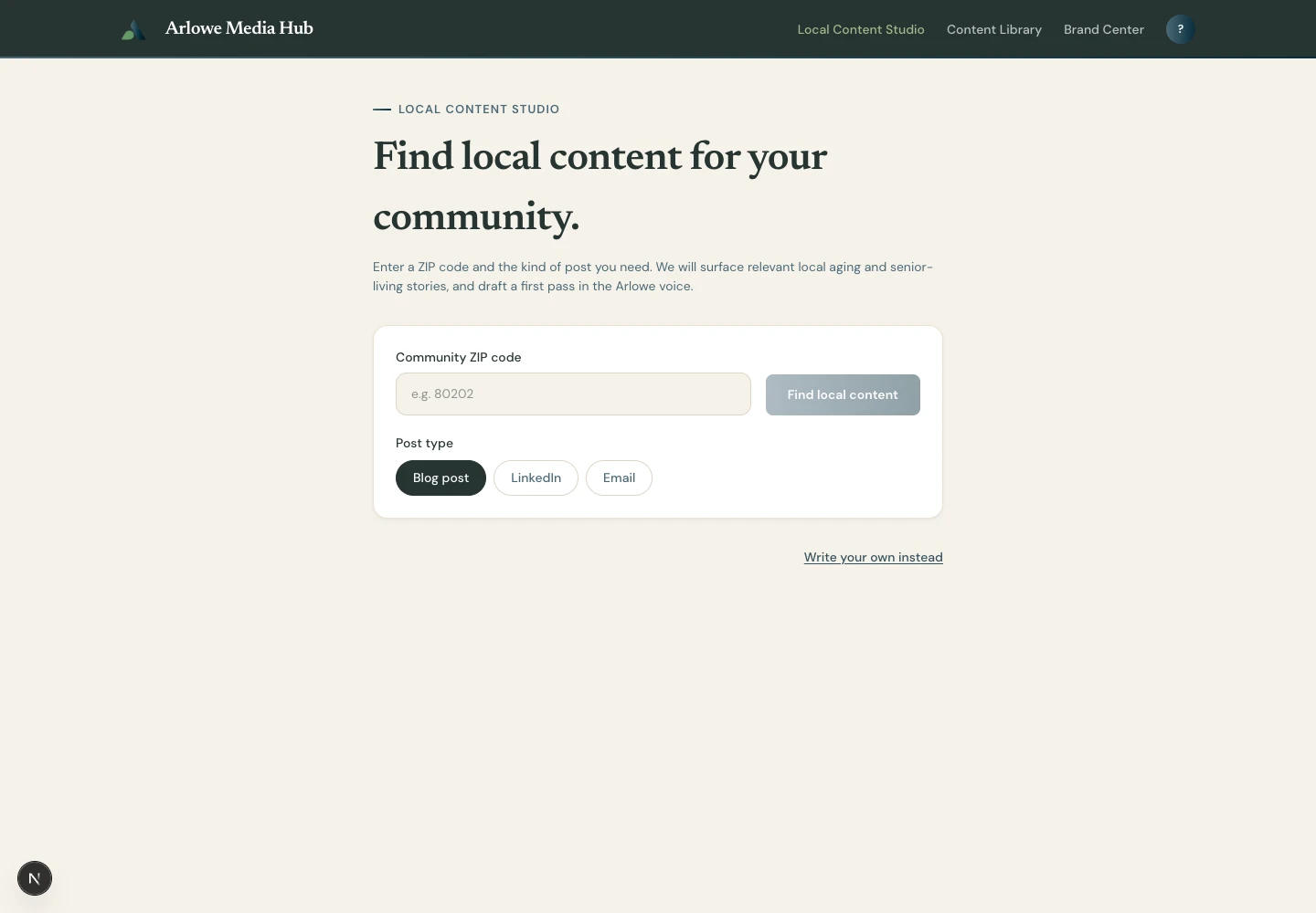Local Content Studio entry screen with a ZIP code field and Blog post selected as the format.
