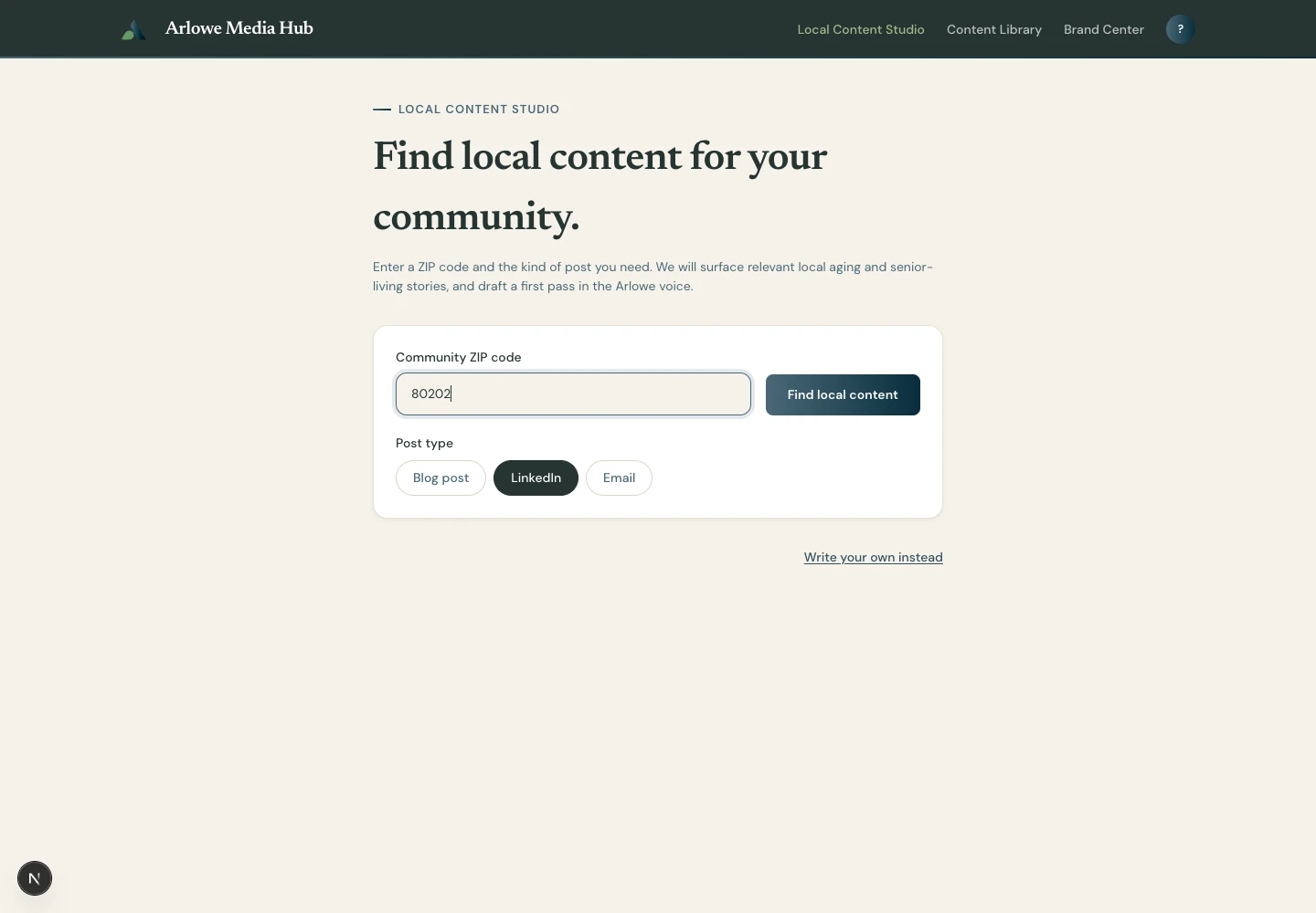 Local Content Studio entry screen with LinkedIn selected as the format.