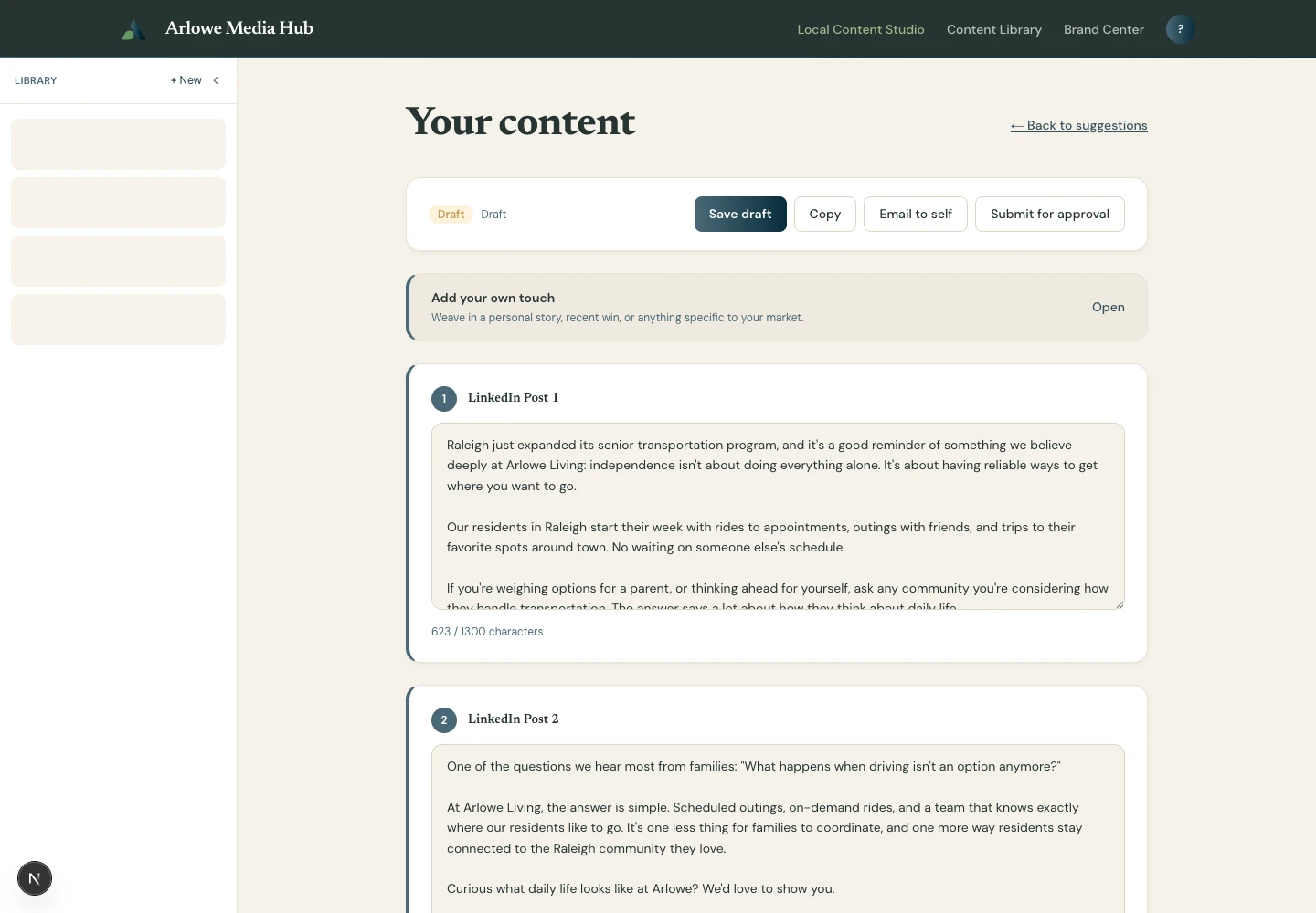 Generated LinkedIn post drafts in the Arlowe voice, editable with a live character count.