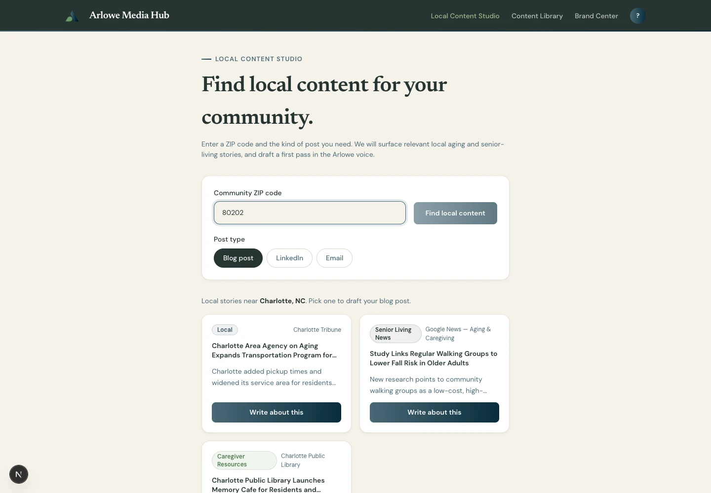 Local Content Studio showing three local aging and senior-living story suggestions resolved from the entered ZIP code.
