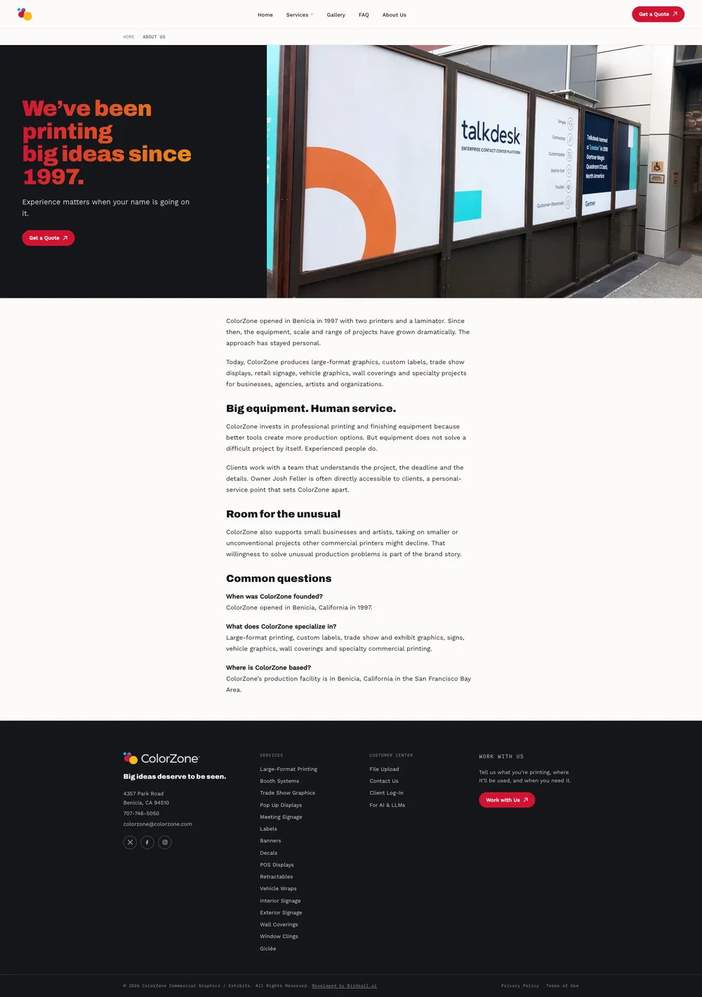 ColorZone About Us page, We've been printing big ideas since 1997, with a photo of a Talkdesk window installation.