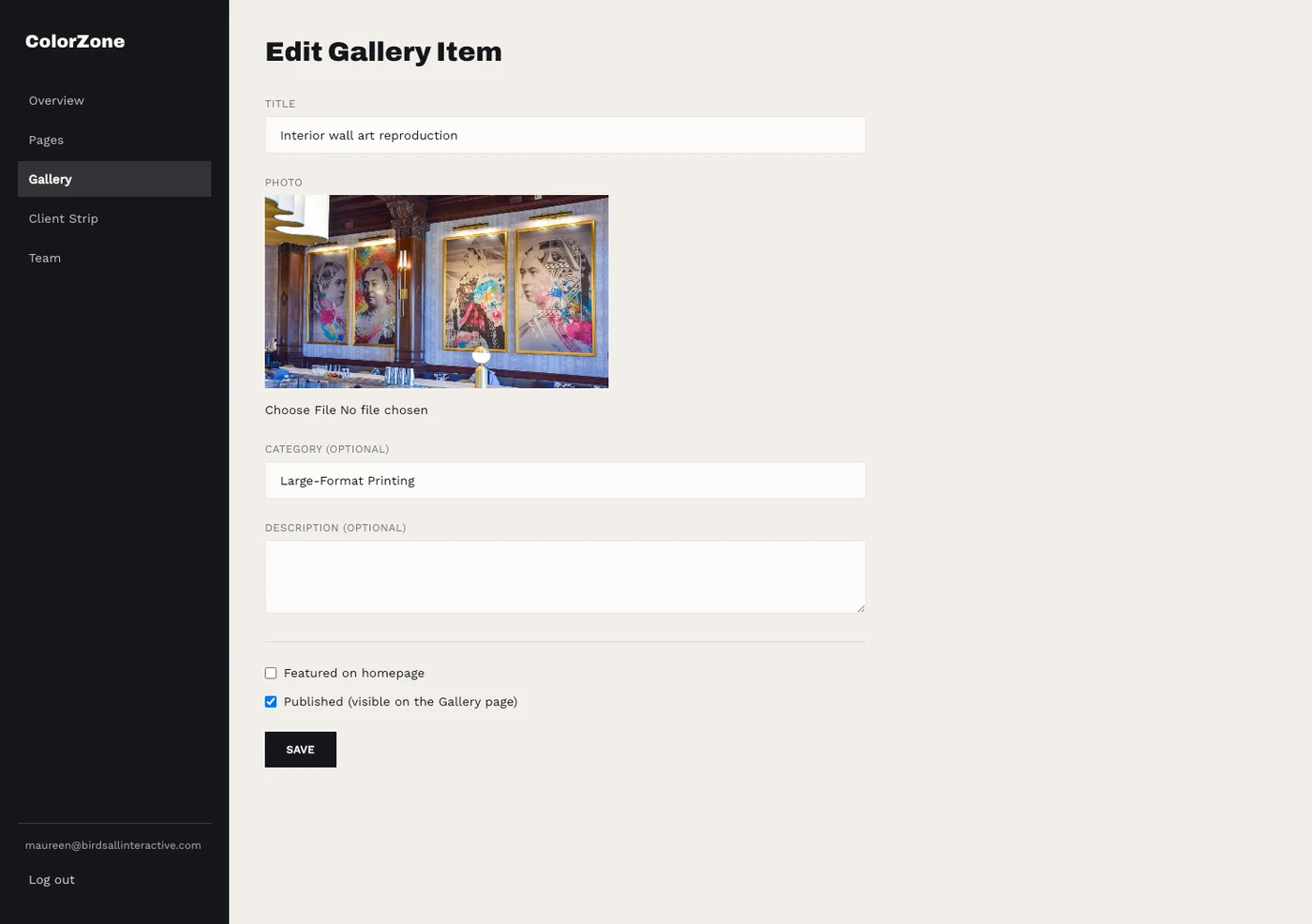 Custom ColorZone CMS dashboard, Edit Gallery Item screen, with sidebar navigation for Overview, Pages, Gallery, Client Strip and Team, photo upload, category, description and publish controls.