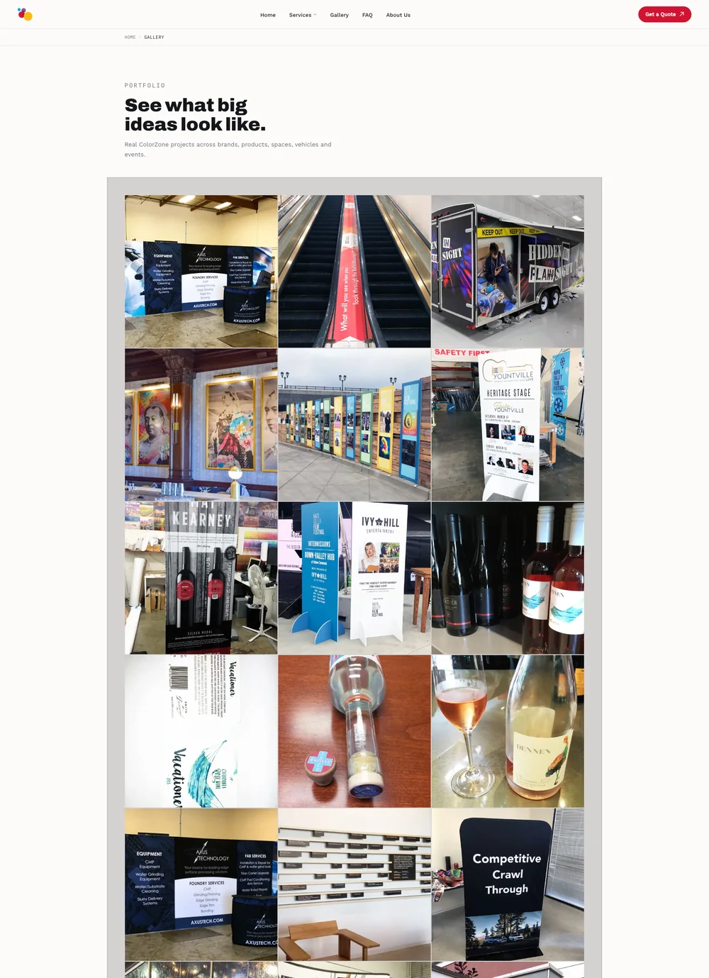 ColorZone Gallery page, See what big ideas look like, showing a grid of real project photography.