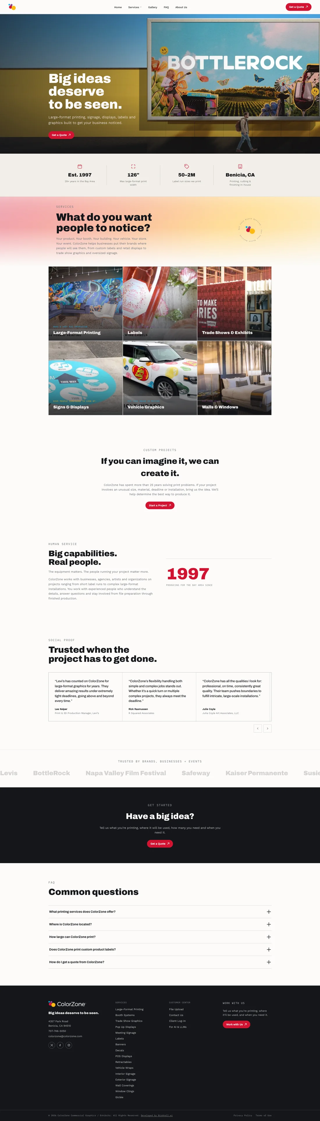 Full scrolling capture of the ColorZone homepage, from the BottleRock billboard hero through services, proof, testimonials, client strip, FAQ and footer.