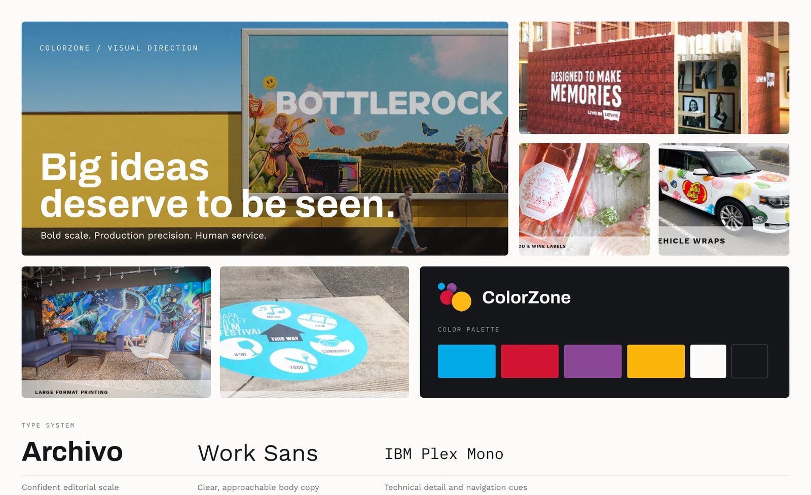 ColorZone mood board collage: BottleRock billboard, Levi's pop-up installation, wine label, Jelly Belly vehicle wrap, large-format mural and Napa Valley Film Festival sidewalk decal, alongside the ColorZone color palette and type system.