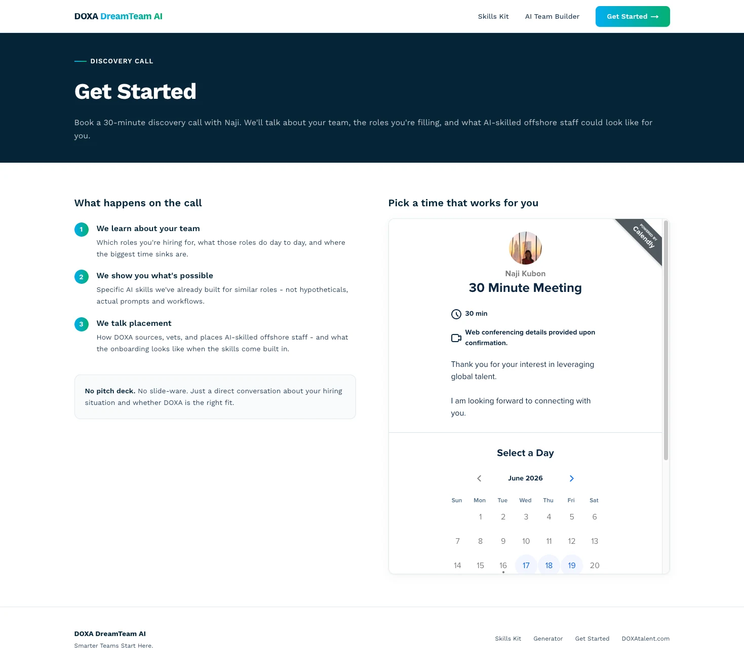 DOXA DreamTeam AI Get Started page, a 30-minute discovery call booking flow embedded via Calendly.