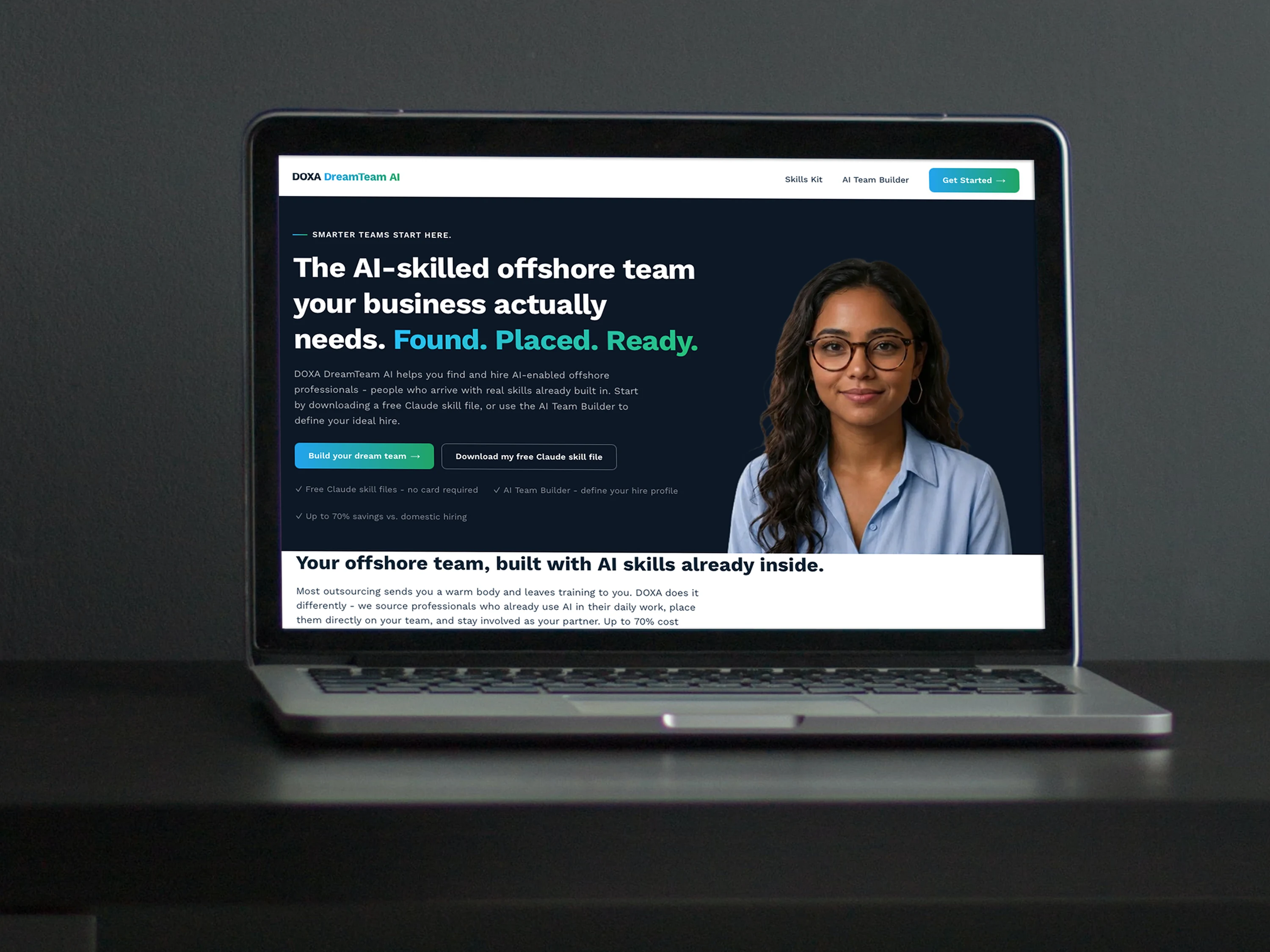 DOXA DreamTeam AI homepage displayed on a laptop, headline The AI-skilled offshore team your business actually needs. Found. Placed. Ready.