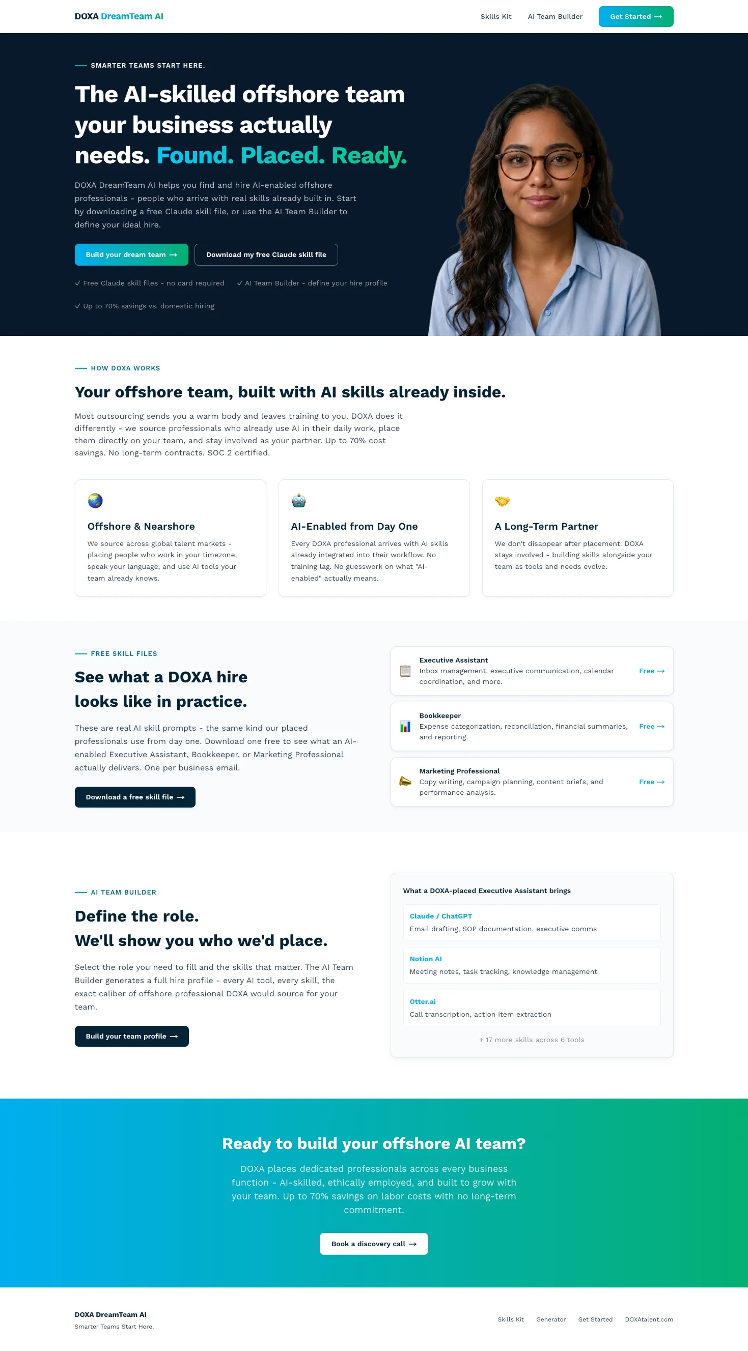 Full scrolling capture of the DOXA DreamTeam AI homepage, from the hero through how DOXA works, free skill files, the AI Team Builder preview and the final call to action.
