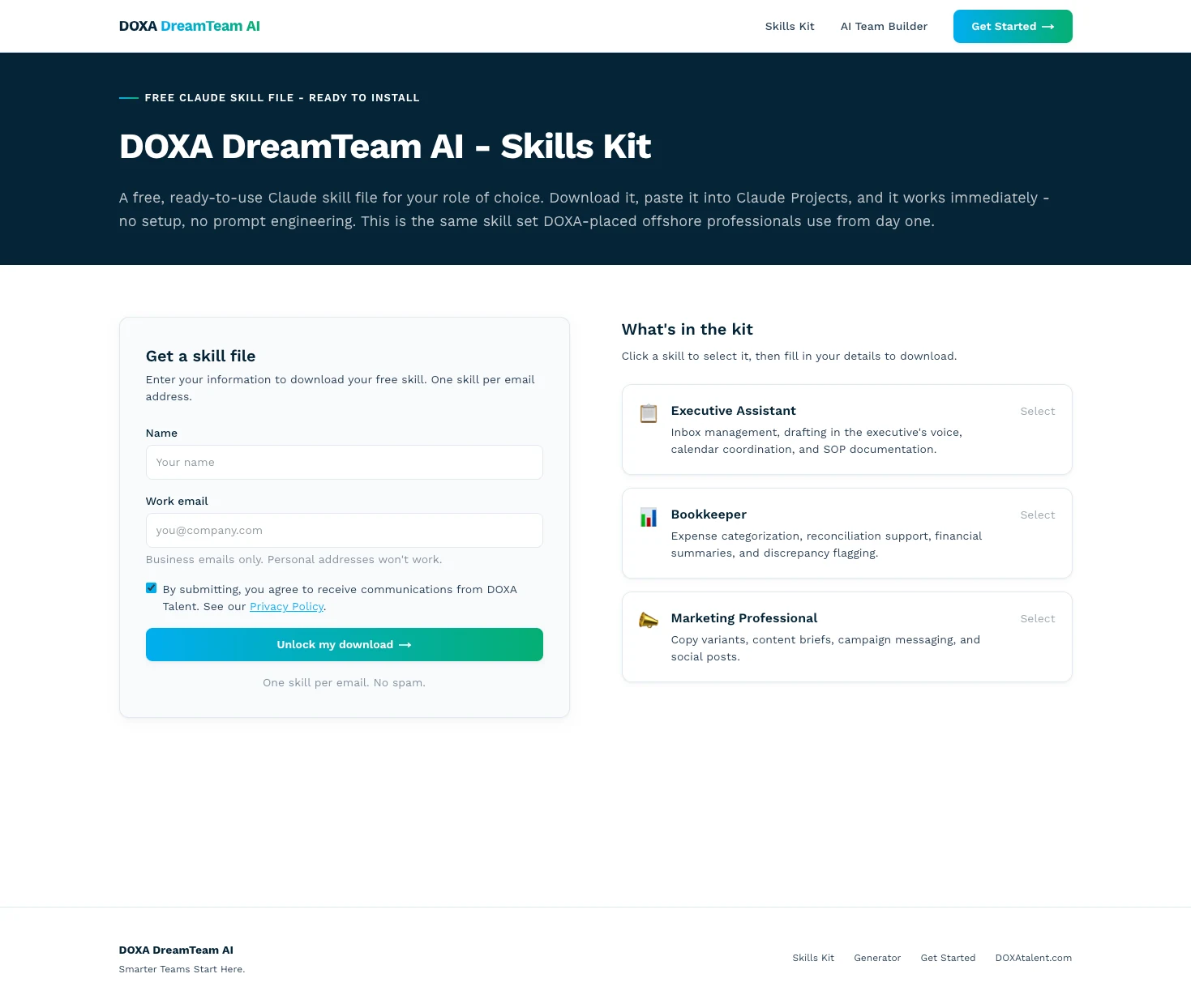 DOXA DreamTeam AI Skills Kit page, free ready-to-use Claude skill files for Executive Assistant, Bookkeeper and Marketing Professional roles.