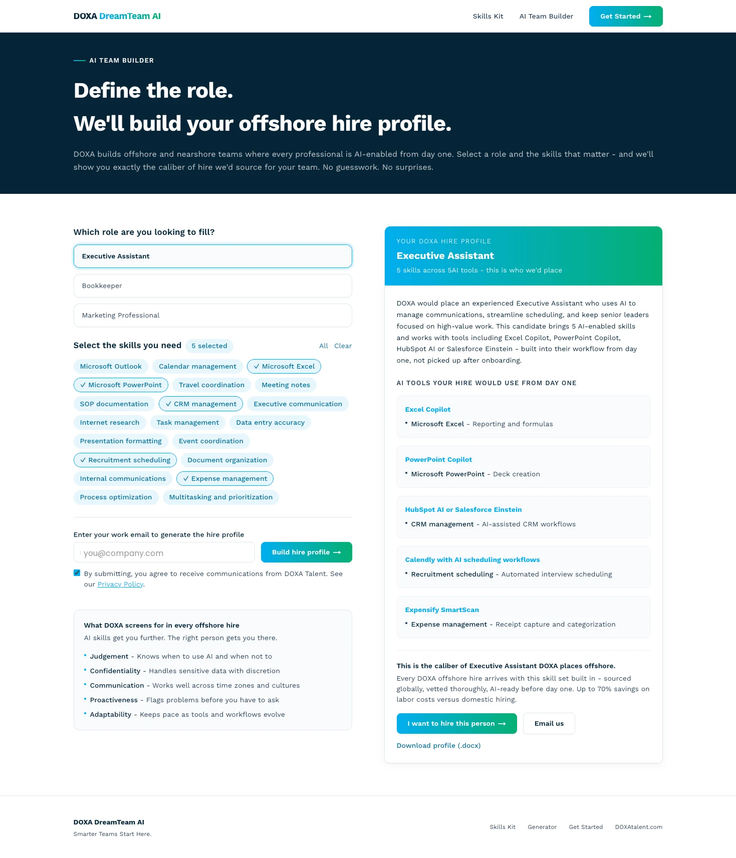 DOXA AI Team Builder tool: role and skills selection on the left, a live-generated DOXA hire profile on the right listing the AI tools that hire would use from day one.