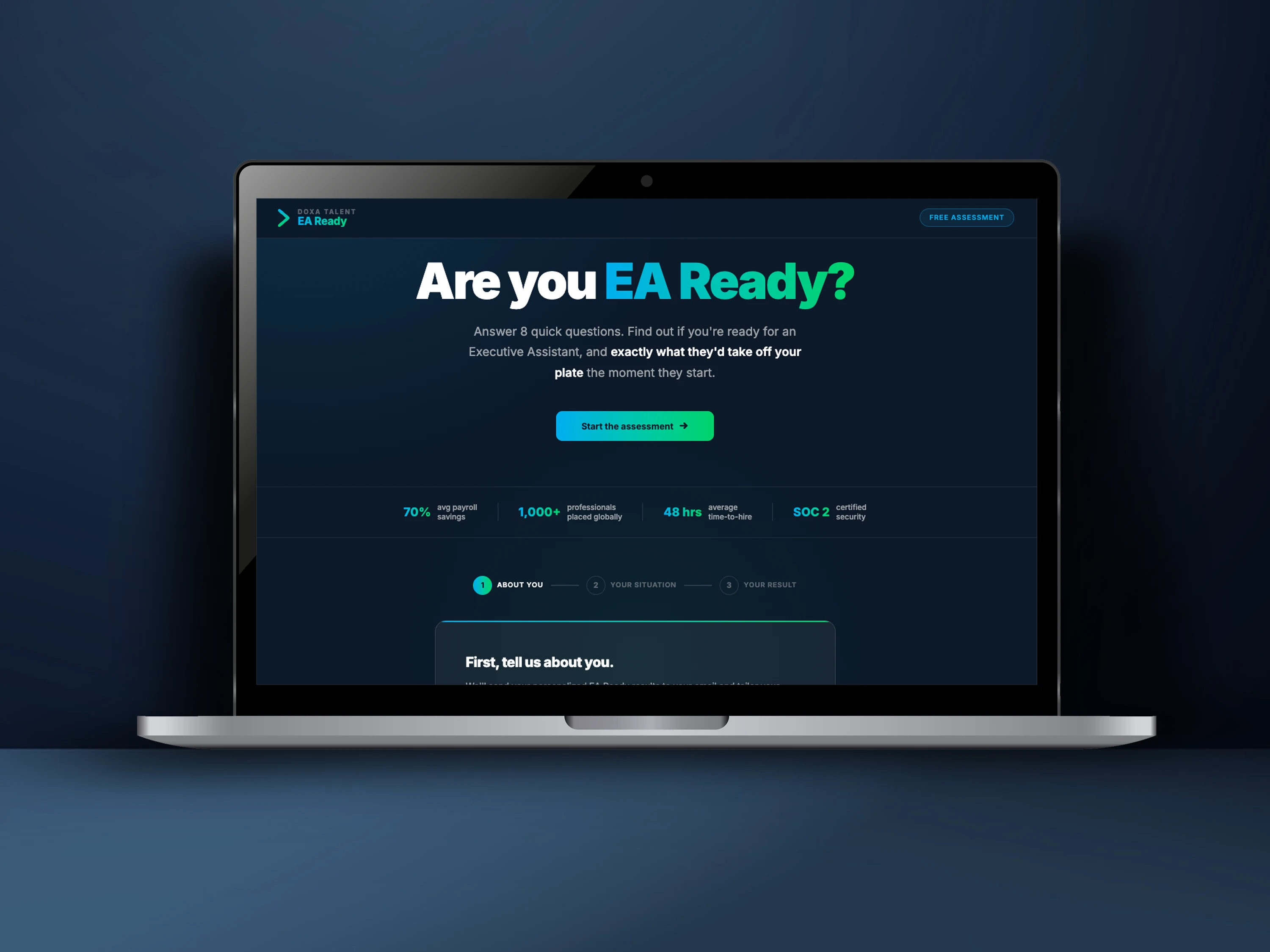 DOXA EA Ready assessment landing page displayed on a laptop, headline Are you EA Ready, with a Start the assessment button.