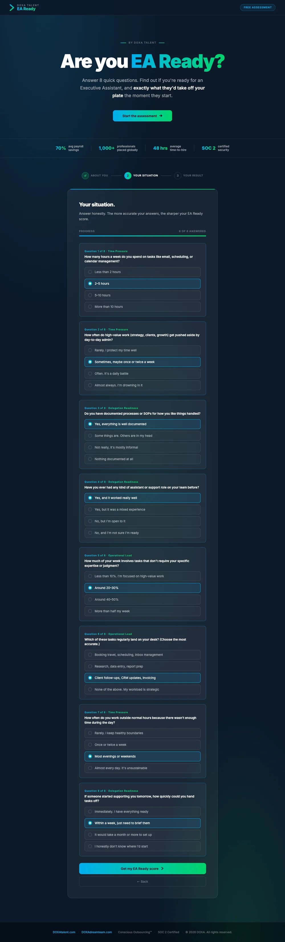 DOXA EA Ready eight-question assessment flow, covering time pressure, delegation readiness and operational load, with a progress tracker across About You, Your Situation and Your Result.