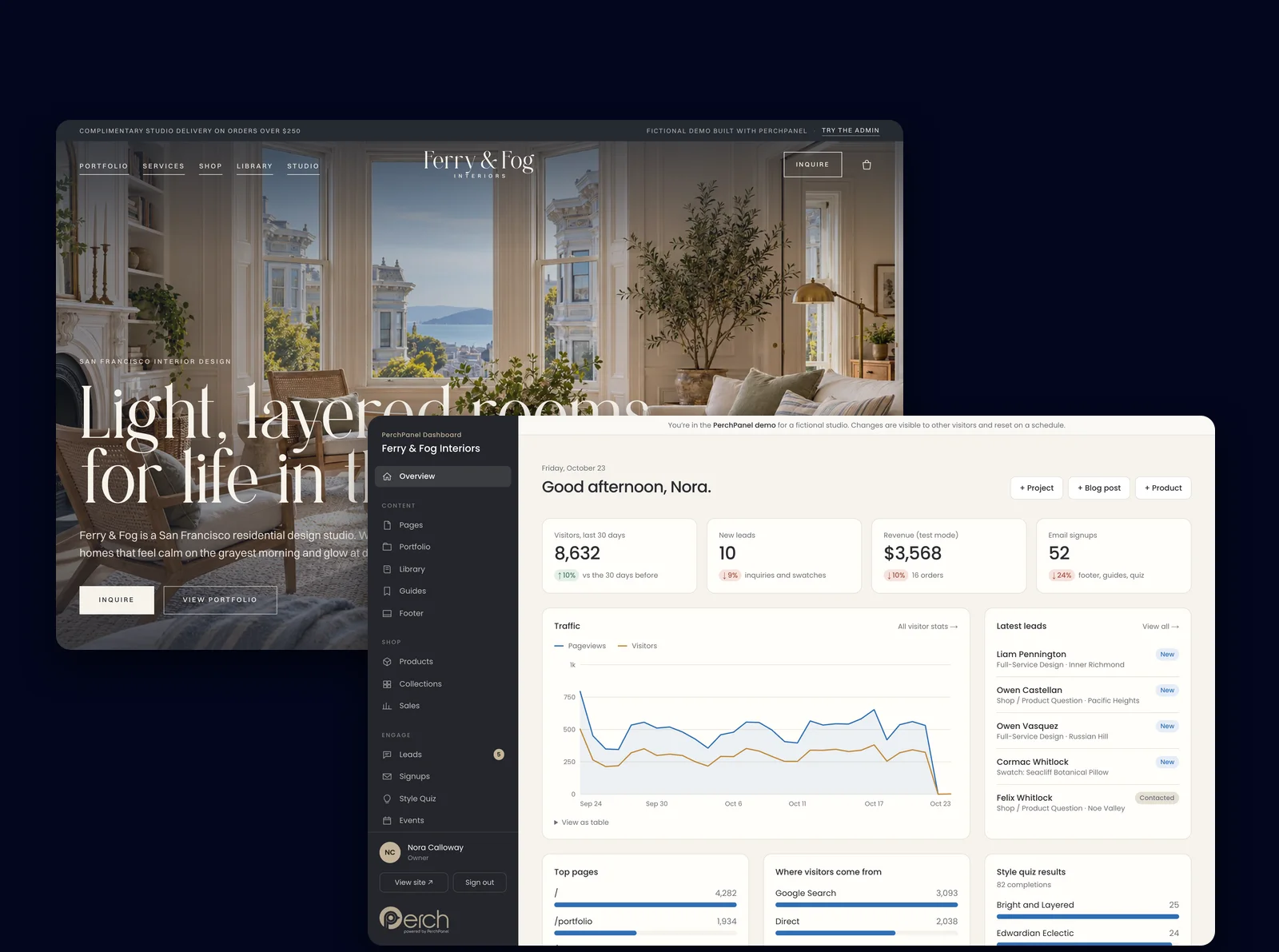 The Ferry & Fog Interiors website in front of the PerchPanel dashboard that edits it.