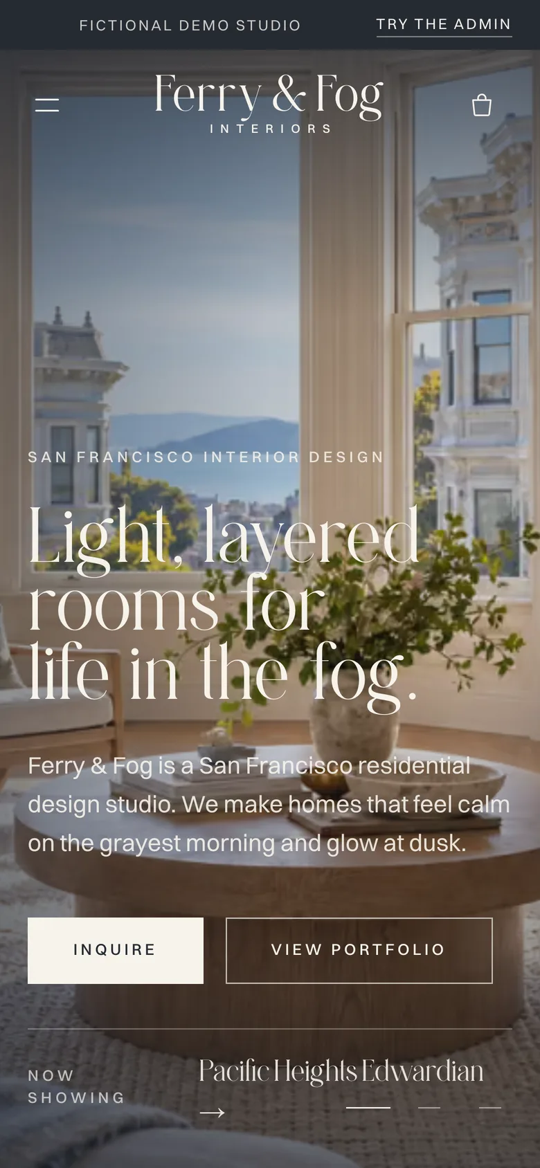 The Ferry & Fog home page on a phone.