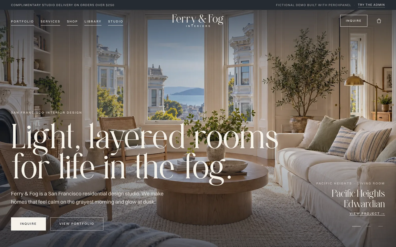 The Ferry & Fog Interiors website that this PerchPanel dashboard edits.