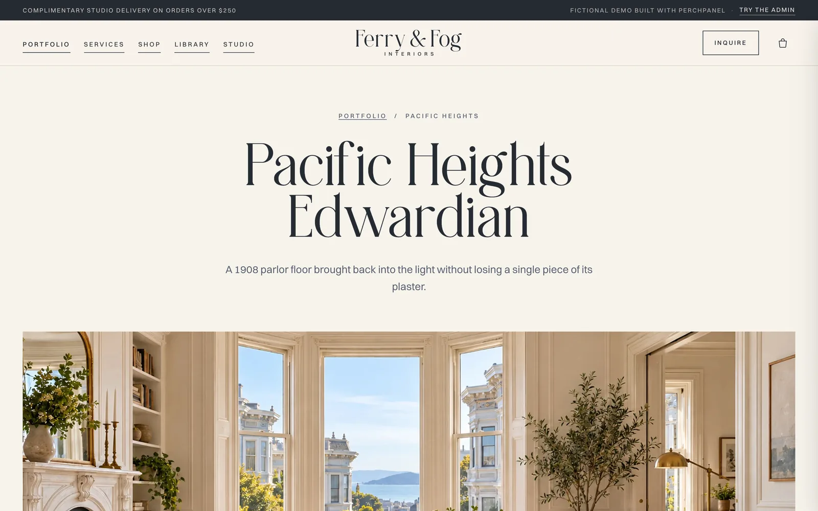 A portfolio project page for a Pacific Heights Edwardian parlor floor.