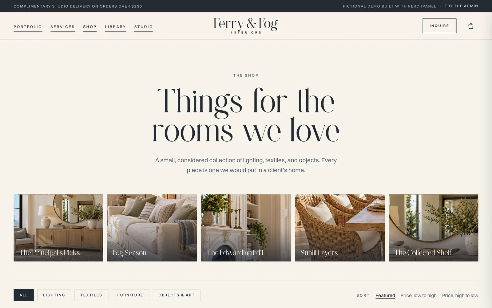 The Ferry & Fog shop with collections and products.