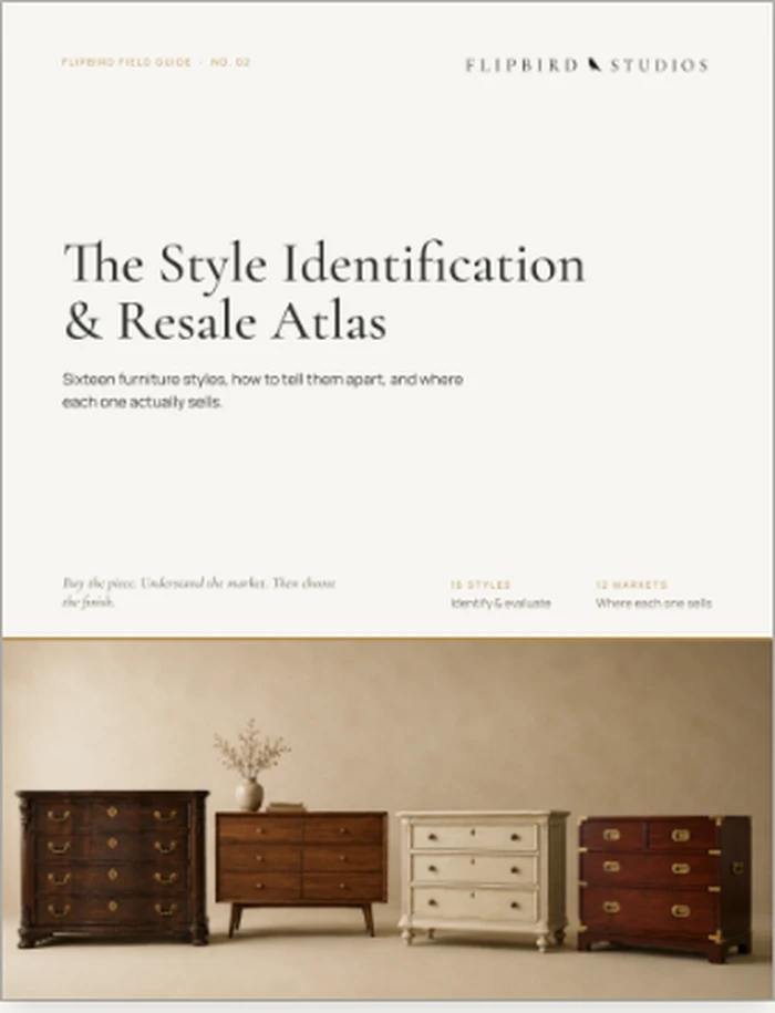 FlipBird Field Guide No. 02, The Style Identification and Resale Atlas, sixteen furniture styles and where each sells.