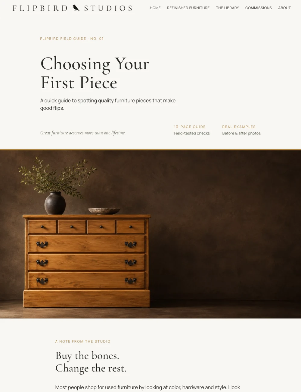 FlipBird Field Guide No. 01, Choosing Your First Piece, a downloadable lead-magnet guide page.