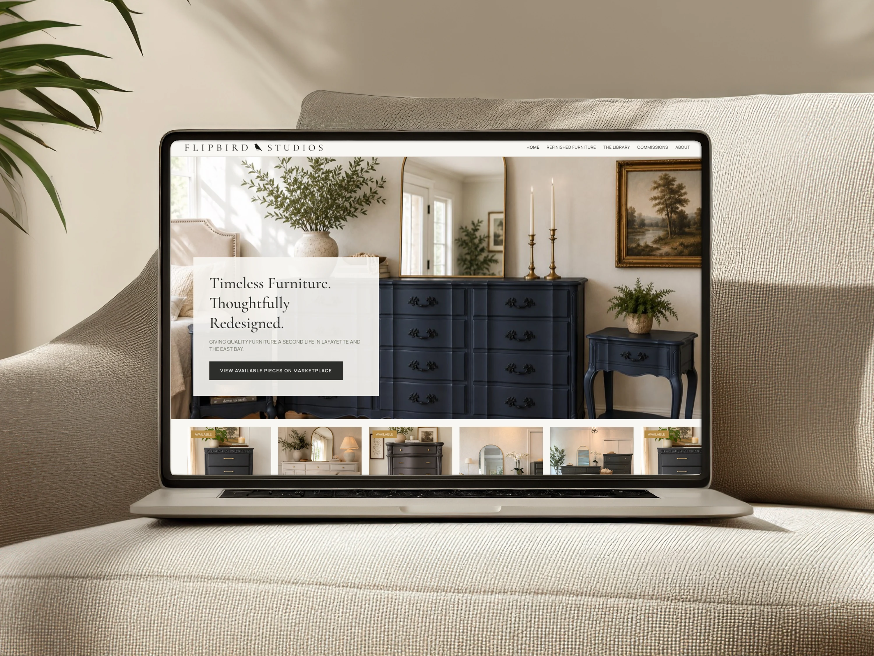 FlipBird Studios homepage displayed on a laptop, showing the Timeless Furniture, Thoughtfully Redesigned hero over a styled navy dresser vignette.