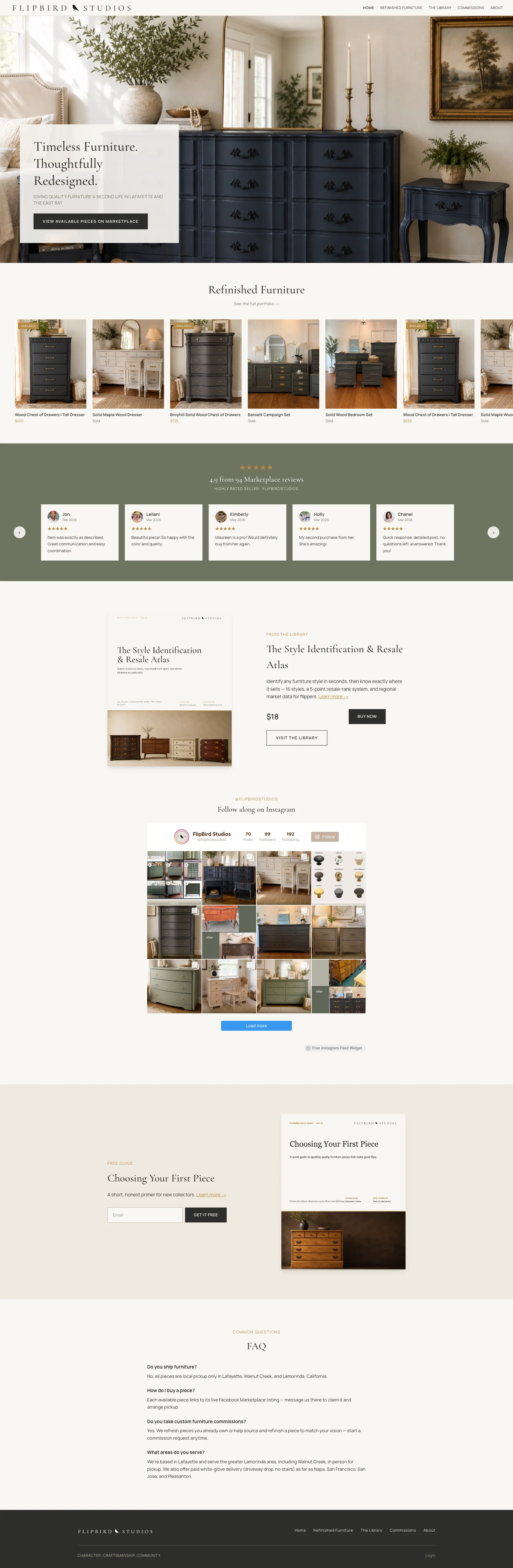 Full scrolling capture of the FlipBird Studios homepage, from the hero through refinished furniture, reviews, the style guide, free guide signup and FAQ.
