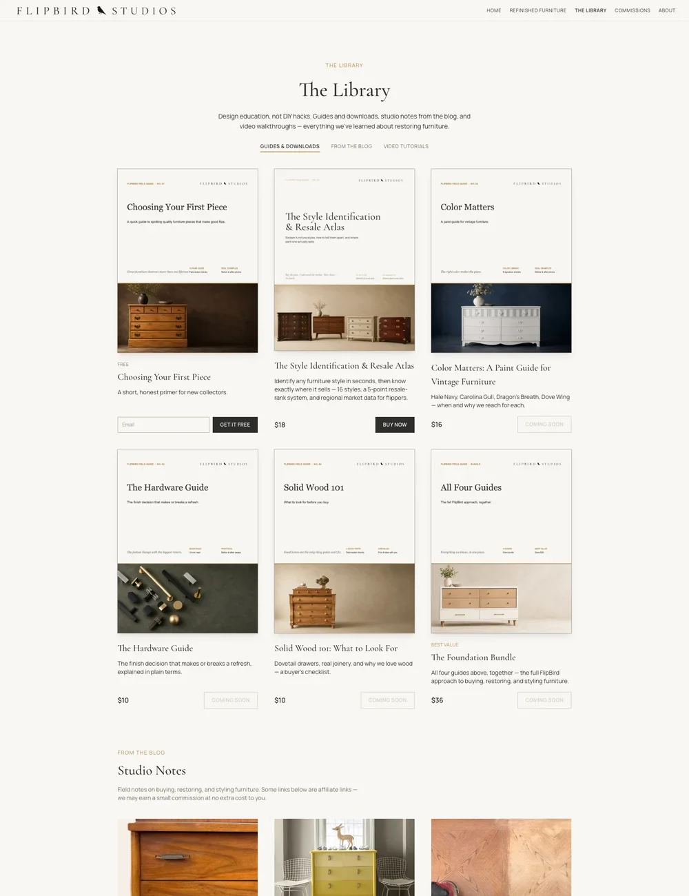 FlipBird Studios Library page, Design education not DIY hacks, showing guide covers, blog articles and video tutorials.
