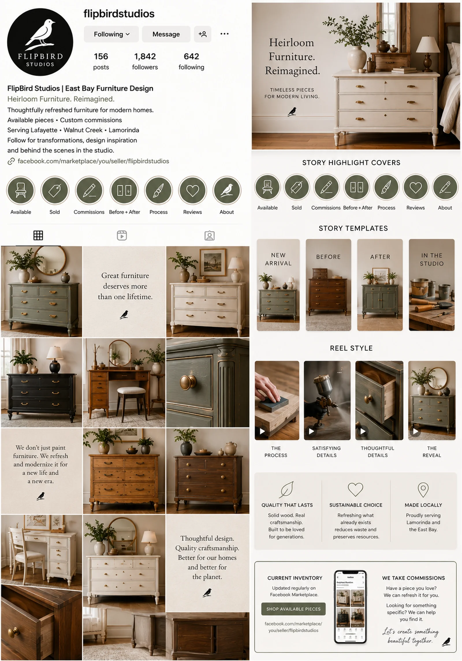 FlipBird Studios mood board: Instagram profile, styled dresser photography, story highlight covers, content templates, reel-style frames and the brand's craftsmanship messaging.