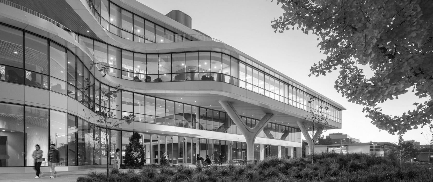 A modern technology company campus with a curved glass facade at dusk